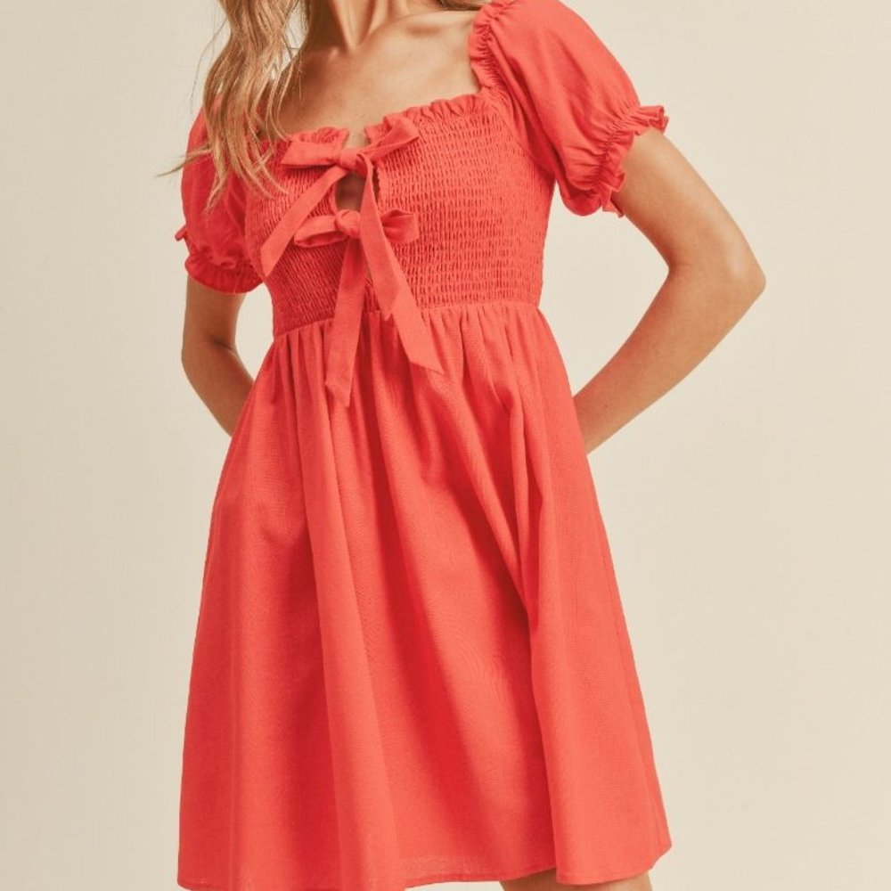 New Boho Puff Sleeve Front Tie Mini Dress Red